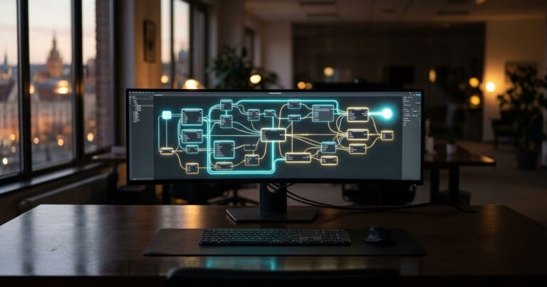 Agence automatisation IA : schema visuel de workflow connecte sur un grand ecran