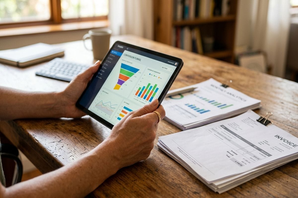 Agence web analytics : consultant presentant un tableau de bord KPI a une dirigeante PME