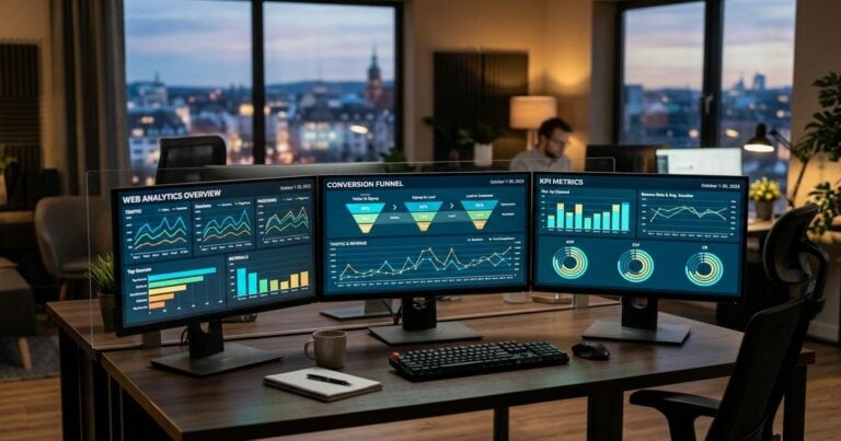Agence web analytics : tableau de bord multi-écrans avec graphiques de trafic et conversion