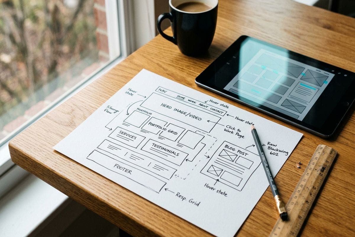 Agence web : maquette wireframe et croquis sur papier