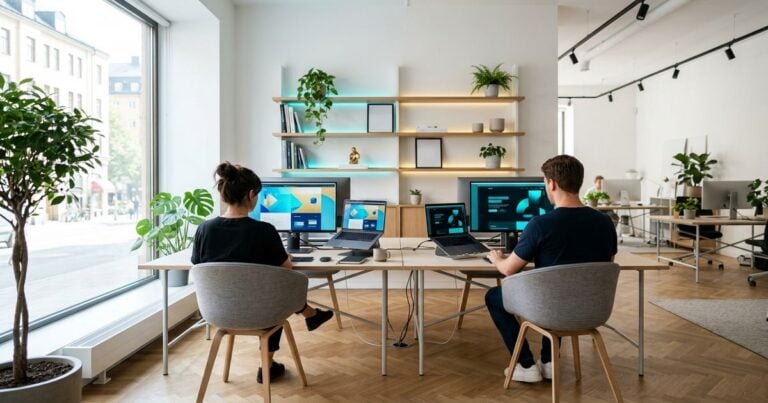 Agence web : bureau moderne européen avec équipe PME au travail