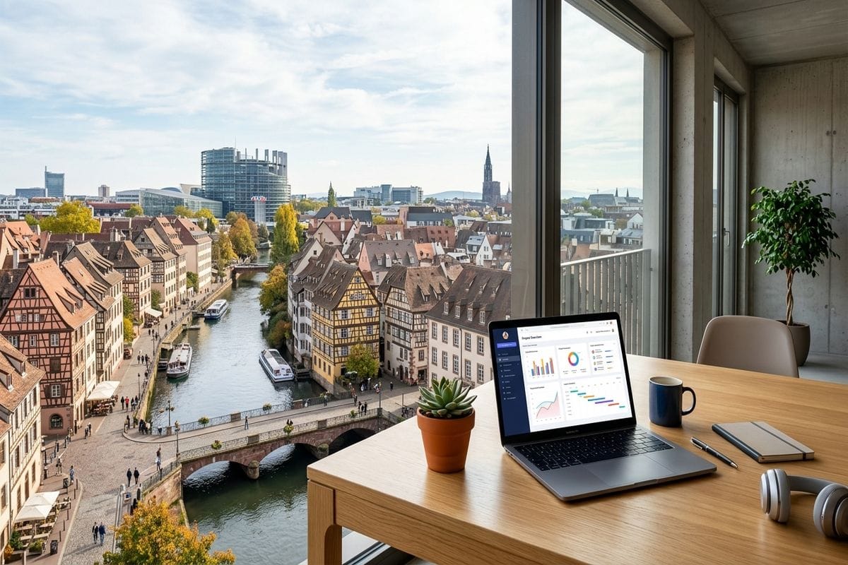 Agence web Strasbourg : panorama du quartier europeen avec ecrans dashboard