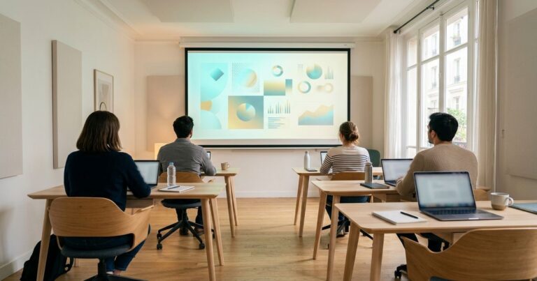 Formation chat gpt en PME : salle de formation moderne avec equipe en session