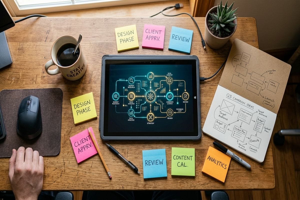 Formation intelligence artificielle : carnet de bord projet IA et tablette avec workflow réel