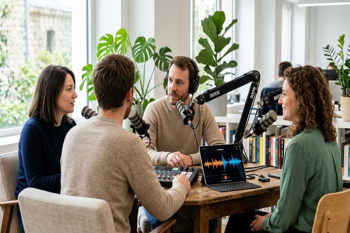 Générateur de chanson IA gratuit avec paroles : équipe PME en session podcast