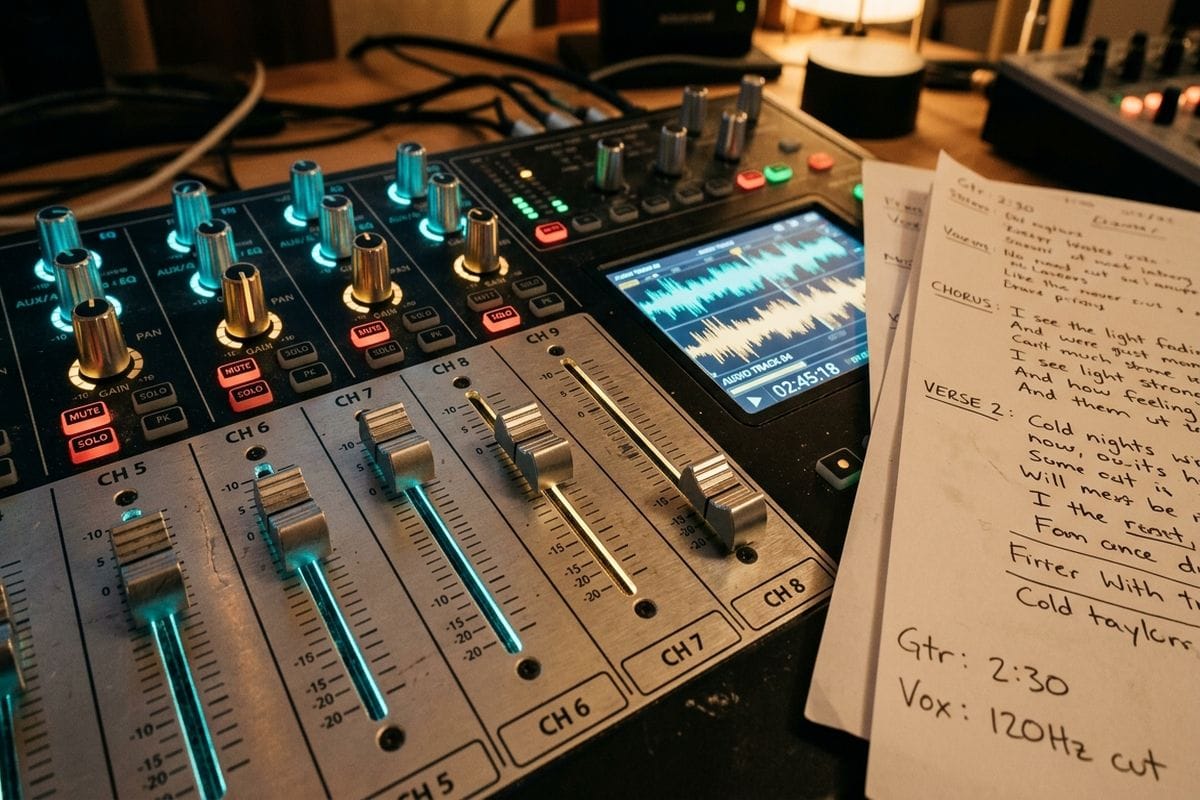 Générateur de chanson IA gratuit avec paroles : pupitre de mixage et workflow audio automatisé
