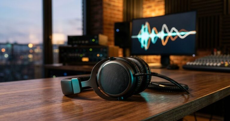 Générateur de chanson IA gratuit avec paroles : casque studio devant ondes audio