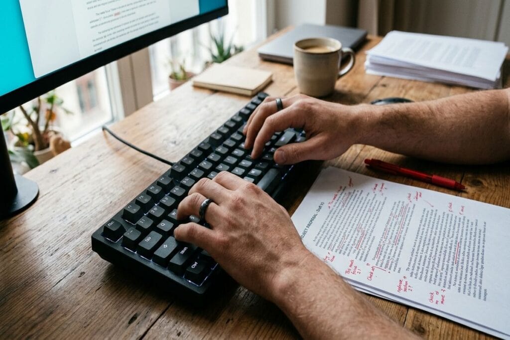 Rédacteur web : texte imprimé annoté à côté d'un clavier