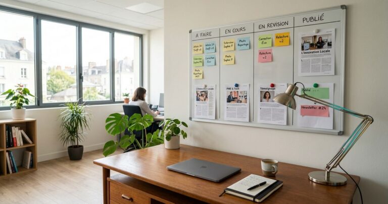 Rédaction web : tableau de planification editoriale dans un bureau de PME francaise