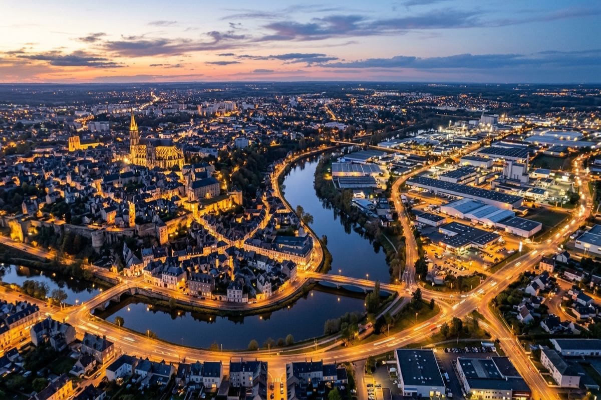 agence web le mans : panorama de la vieille ville Plantagenêt avec écran moderne en surimpression