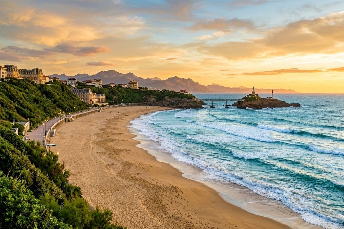 Agence web Pays basque : panorama de Biarritz et baie de l'Adour au coucher de soleil