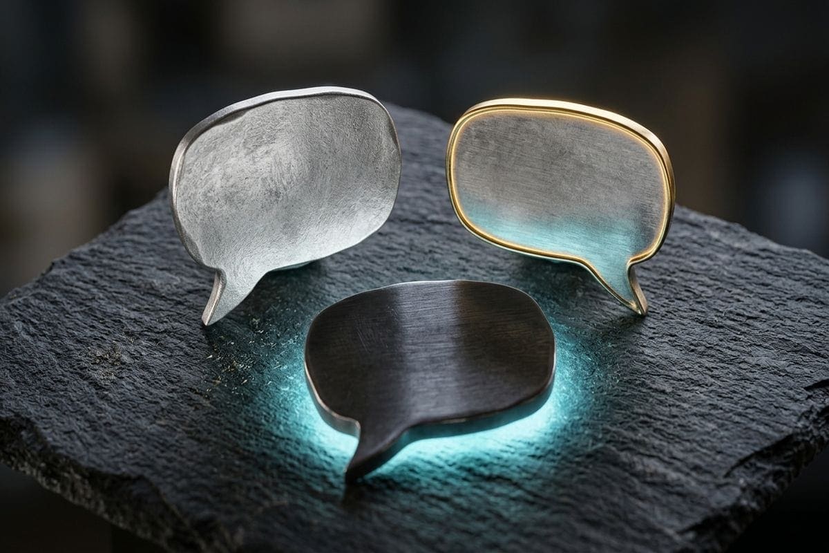 Automate messages whatsapp n8n without meta business : bulles de conversation en metal symbolisant les trois voies techniques
