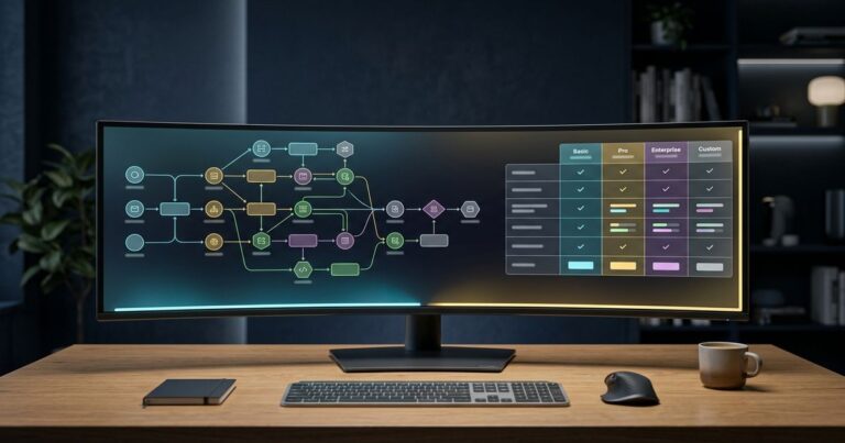 Formation n8n : moniteur ultrawide avec schema de workflow no-code et grille de prix 2026