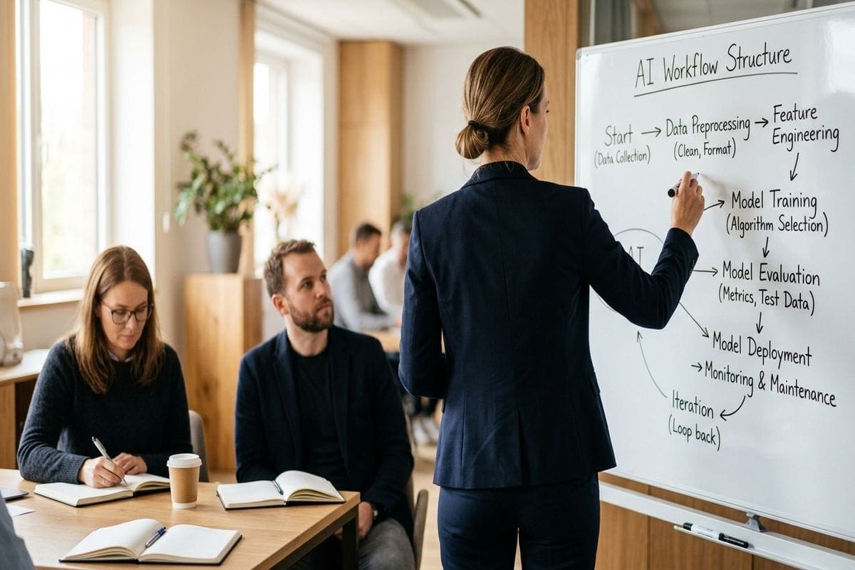 Formation prompt engineer : étudiant adulte en apprentissage hybride sur ordinateur dans une librairie urbaine