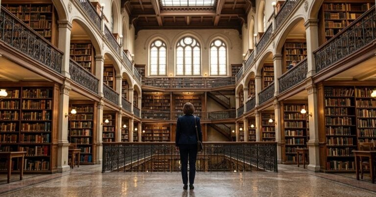 Formation prompt engineer : atrium bibliothèque européenne symbole du savoir et de la certification IA