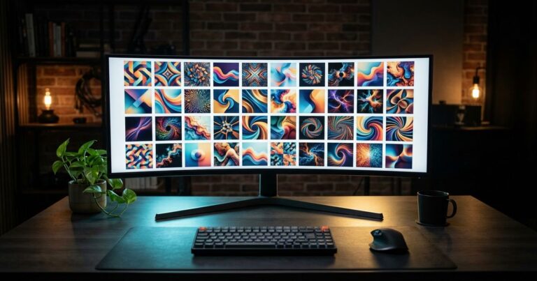 Generateur d image ia gratuit en ligne : ecran courbe affichant une grille comparative de visuels generes