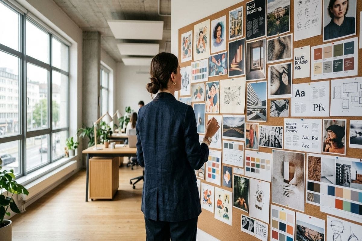 Dirigeante PME devant un mur d'échantillons imprimés choisissant le meilleur générateur d'image ia selon l'usage