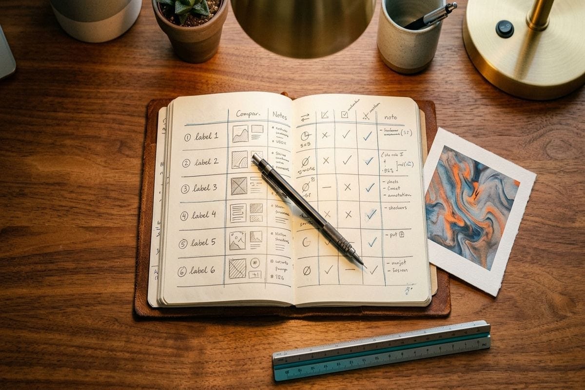 Comparaison de 4 outils sur écran avec carnet manuel listant les usages — choisir le meilleur générateur d'image ia