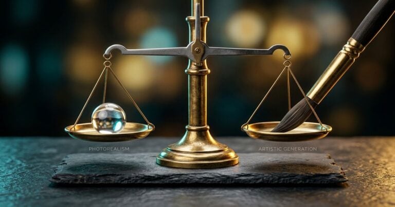 Meilleur générateur d'image ia : balance symbolisant le choix entre outils photo-réaliste et artistique