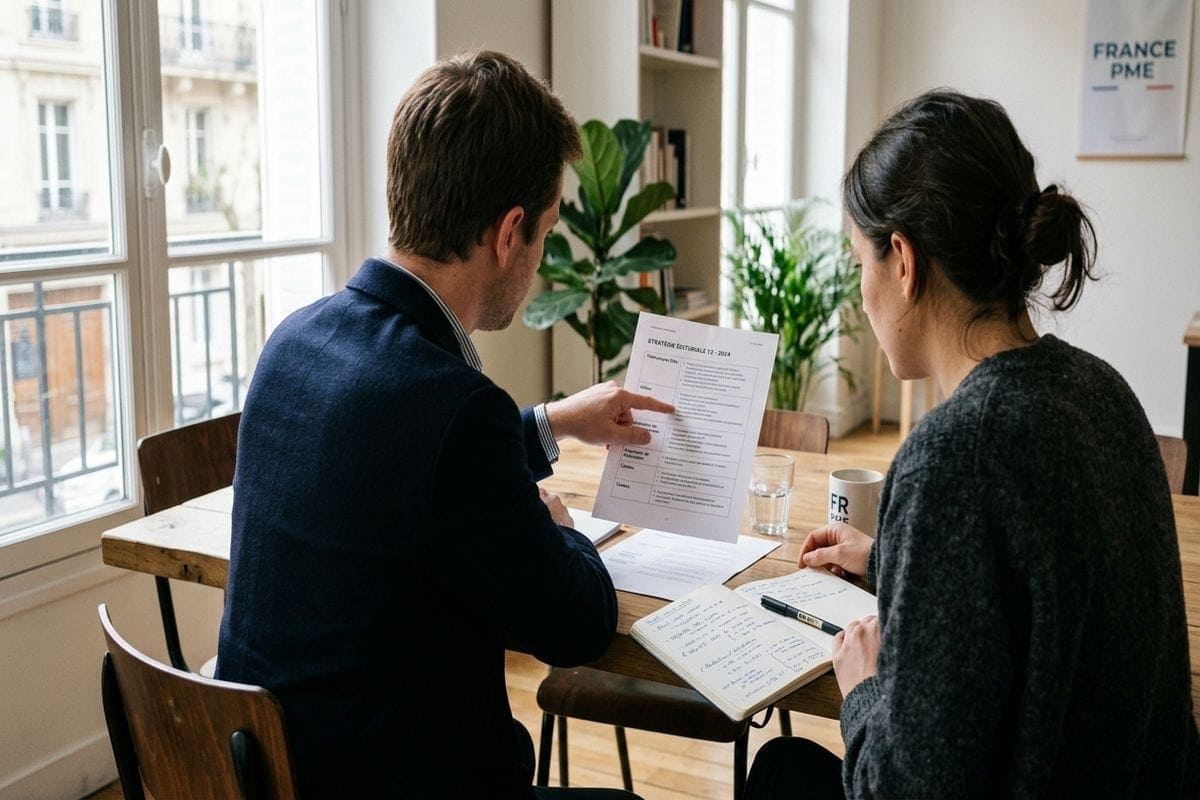 Rédaction web seo : cahier d'annotations manuscrites sur structure Hn et mots-clés barrés au crayon or, bureau d'éditeur en chêne