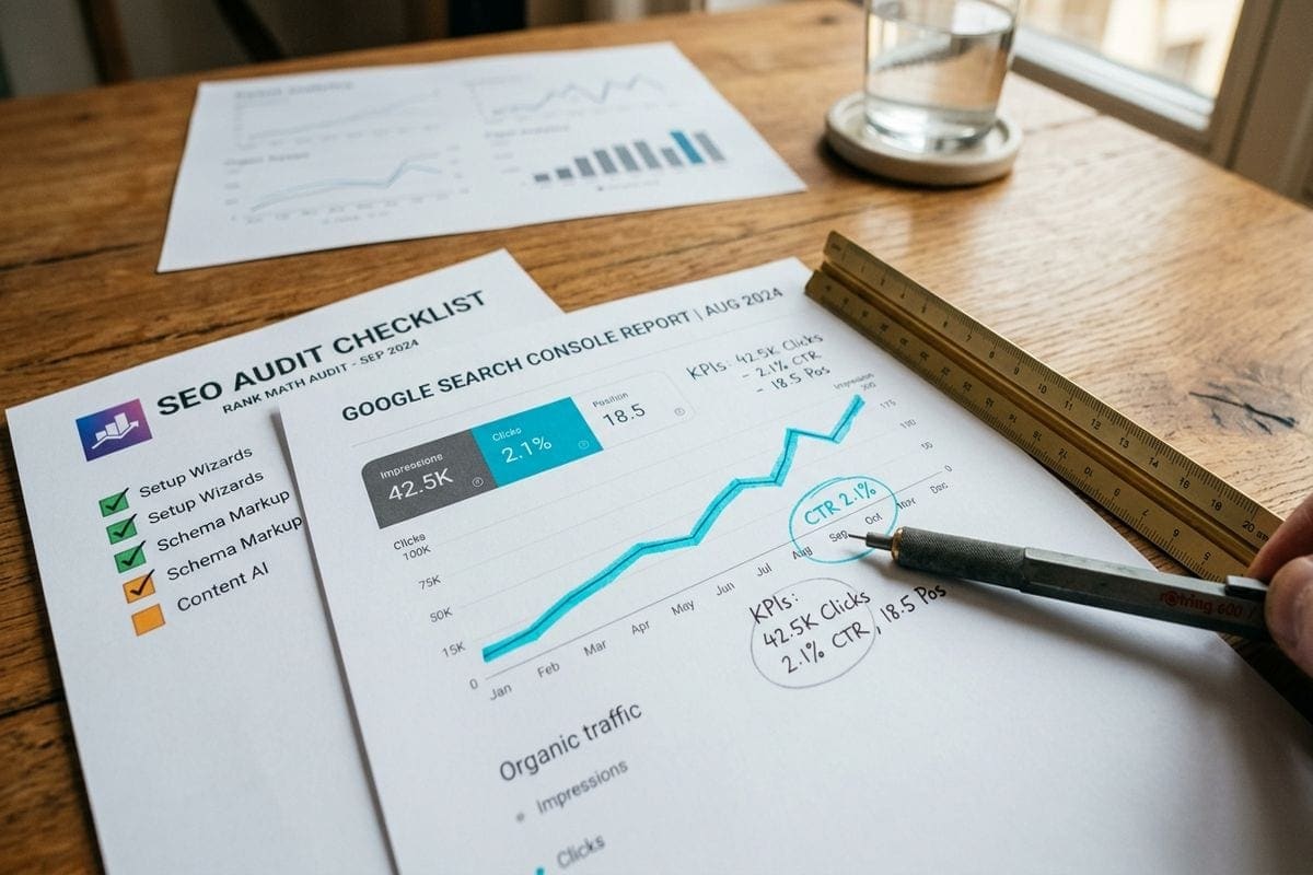 Rédaction web seo : grille de décision PME imprimée sur table d'architecte avec trois piles freelance, interne, agence à Lyon