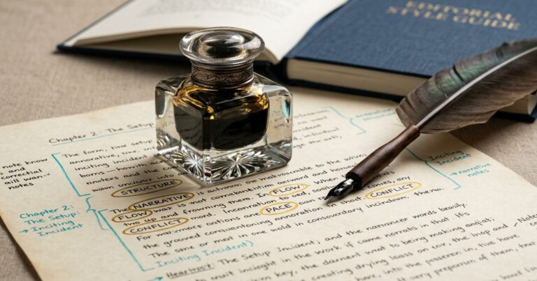 Rédaction web seo : encrier plume et annotations manuscrites structure éditoriale