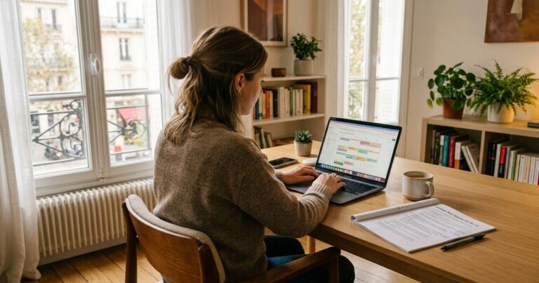 Web rédacteur freelance à son bureau : poste de travail matinal et brief éditorial PME
