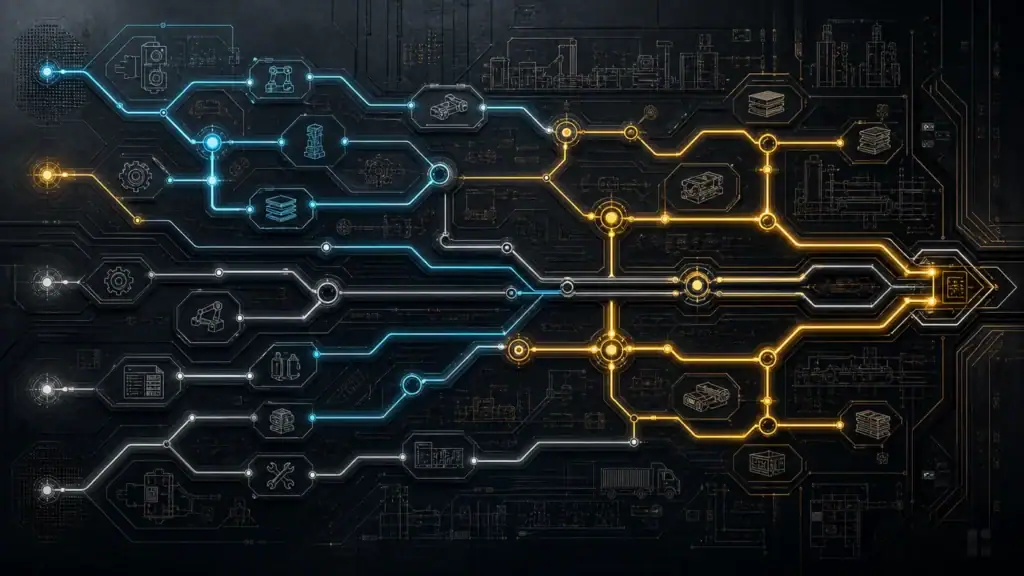 Abstract industrial SEO map connecting technical searches to capability pages, proof pages and RFQ paths.