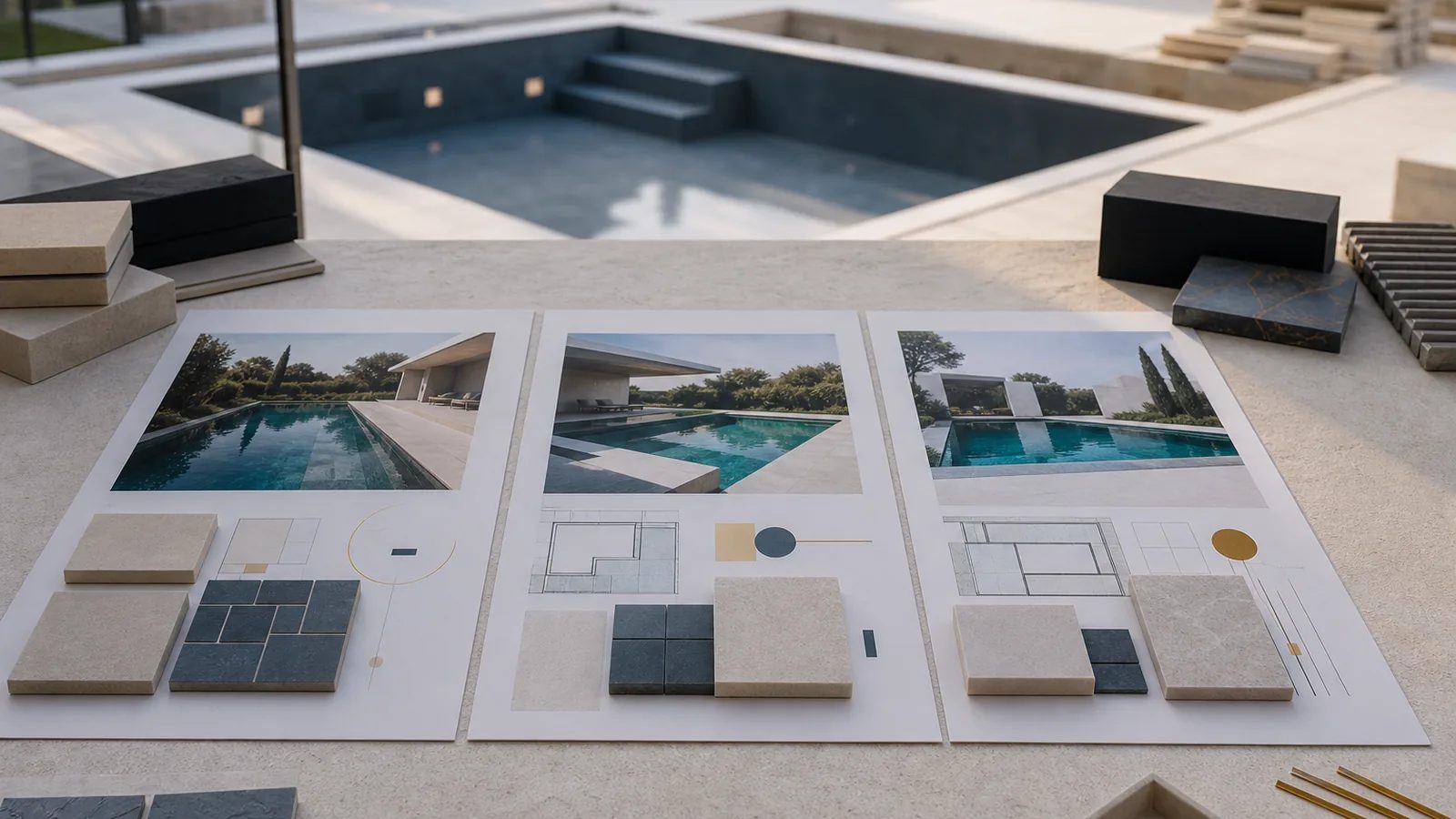 Trois fiches de réalisations de piscines associant photos, plans et échantillons de matériaux