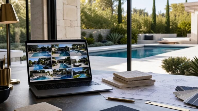 Portfolio numérique de réalisations de pisciniste présenté sur un ordinateur face à une piscine contemporaine