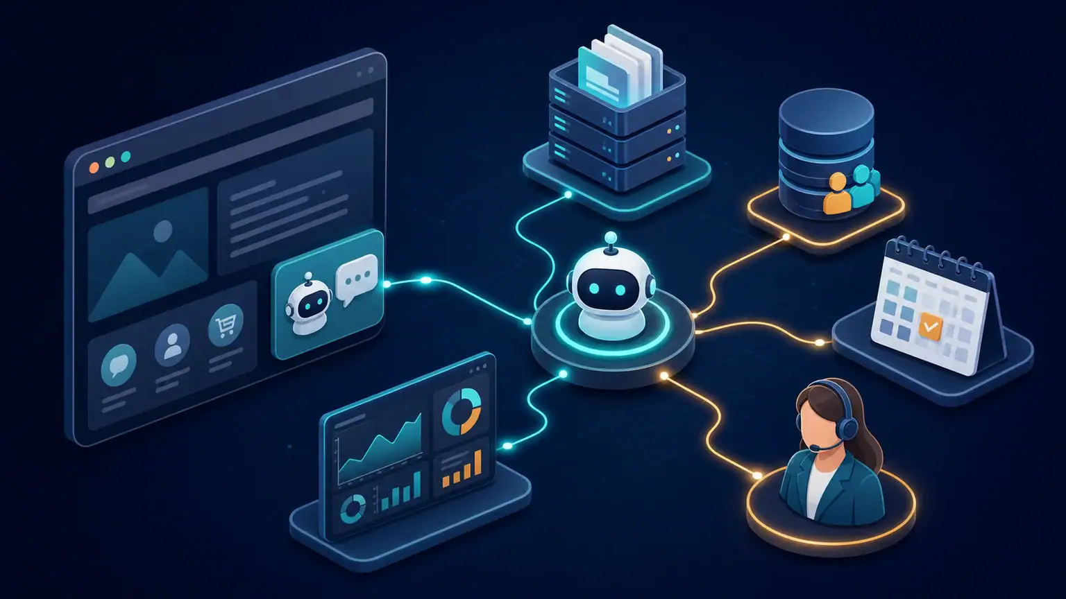 Architecture reliant un chatbot WordPress à une base de connaissances, un CRM, un agenda et une équipe humaine