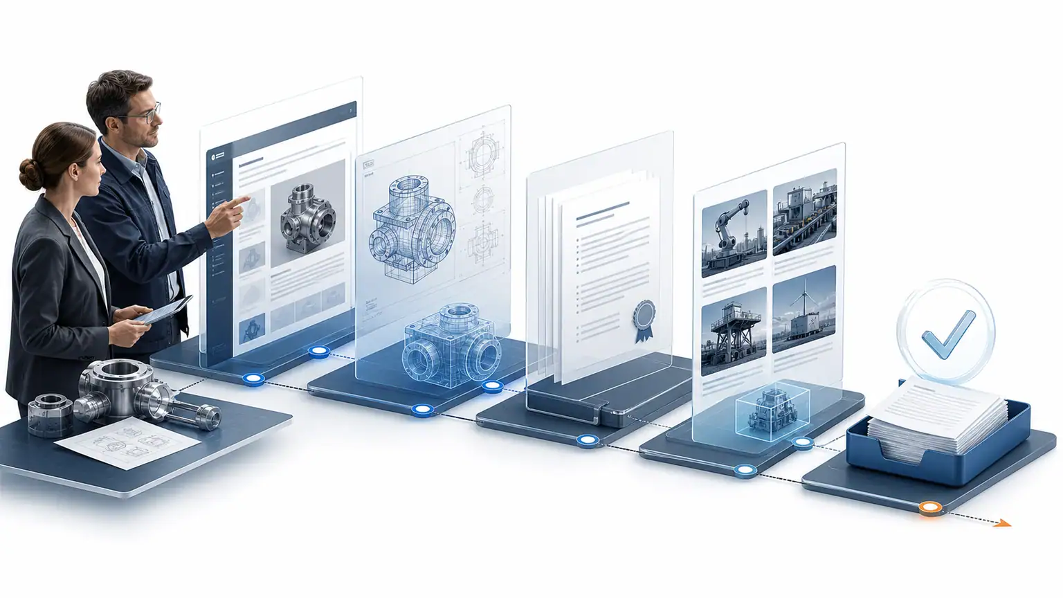 Parcours d’un acheteur industriel entre pages techniques, preuves et demande de devis