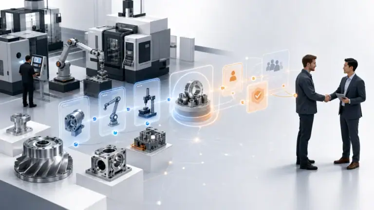 Manufacturing lead generation system connecting production, a website journey, and a human sales handoff