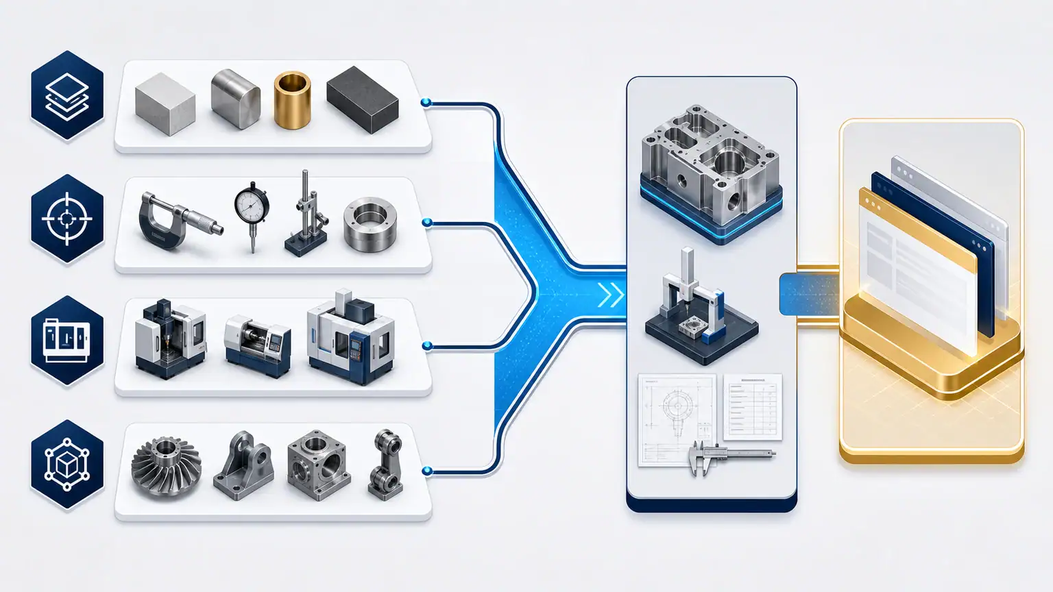 Conceptual map connecting machining capabilities, applications, evidence, and RFQ paths