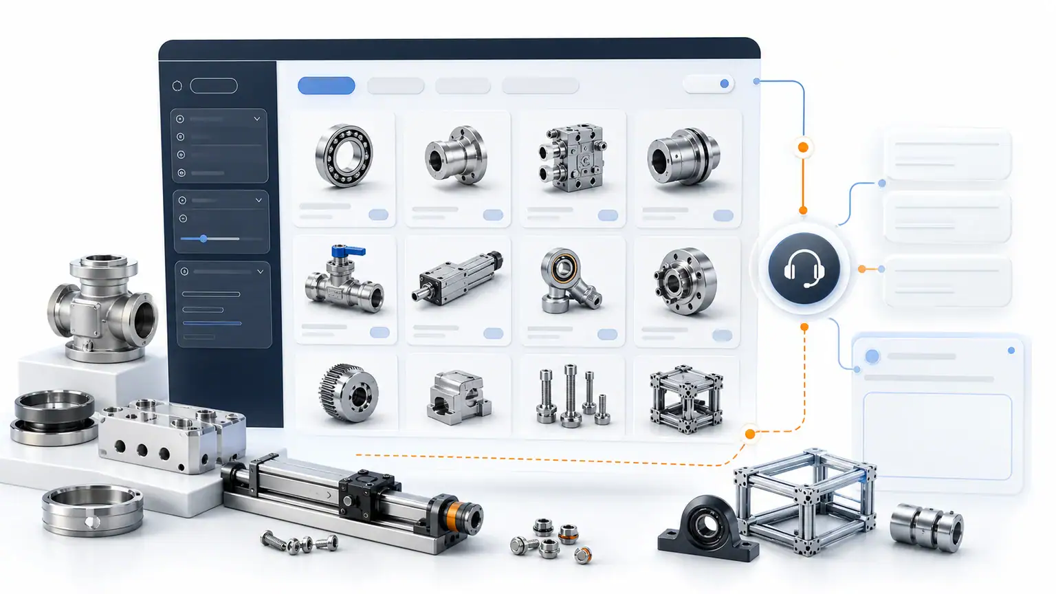 Industrial product catalog with technical filters and support pathway