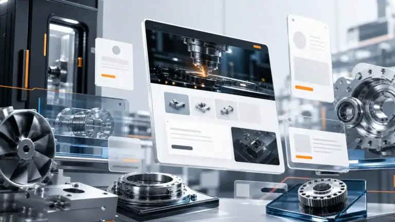 Industrial website interface connecting precision manufacturing, products, proof and inquiry