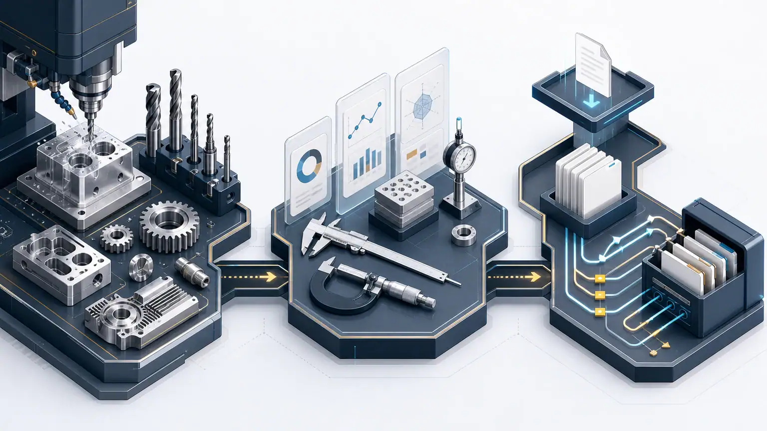 Schéma conceptuel reliant capacités d’usinage, applications, preuves et parcours de devis