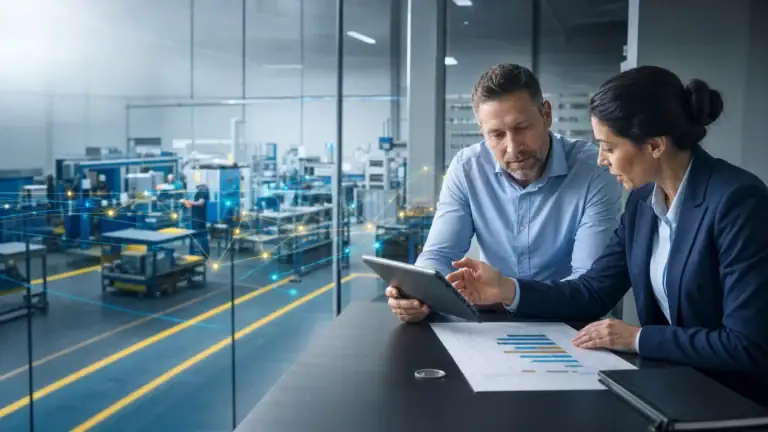 Manufacturing sales and operations managers reviewing a customer inquiry beside the factory floor