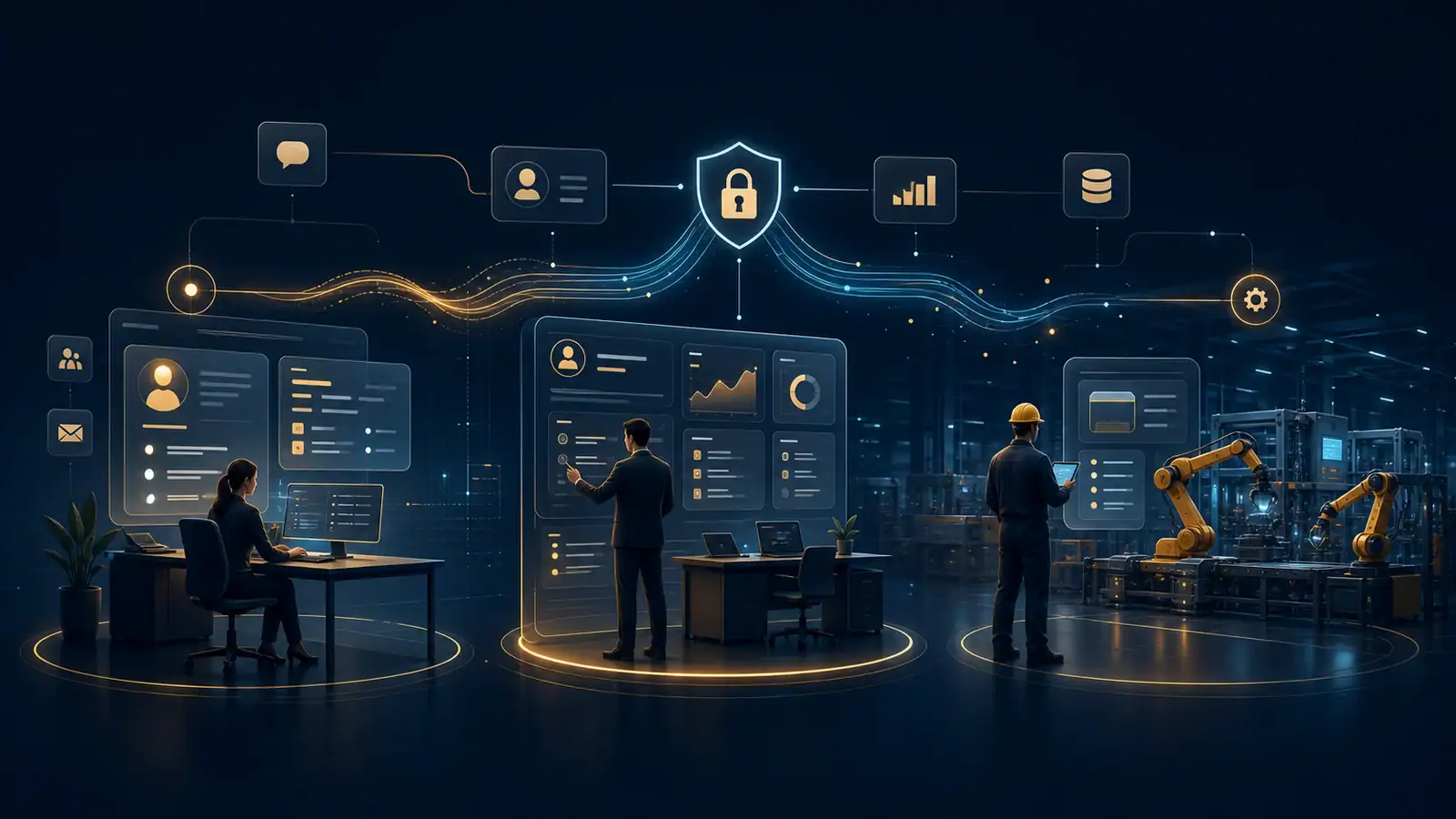 Conceptual flow connecting customer inquiry, manufacturing CRM, and operations