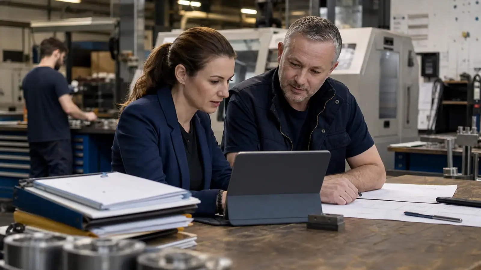 Manufacturing sales coordinator and machining specialist reviewing an RFQ