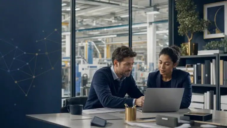 Équipe commerciale d’une PME industrielle examinant une demande client devant l’atelier