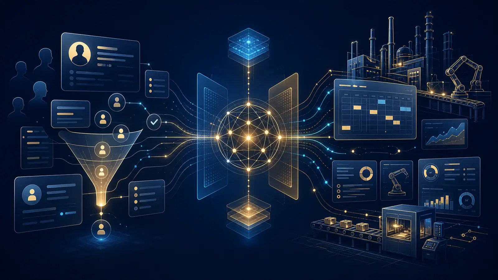 Schéma conceptuel reliant demande client, CRM et opérations industrielles