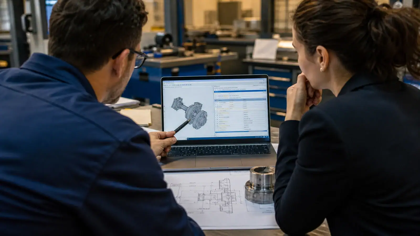 Équipe commerciale industrielle examinant une demande de devis et un plan technique
