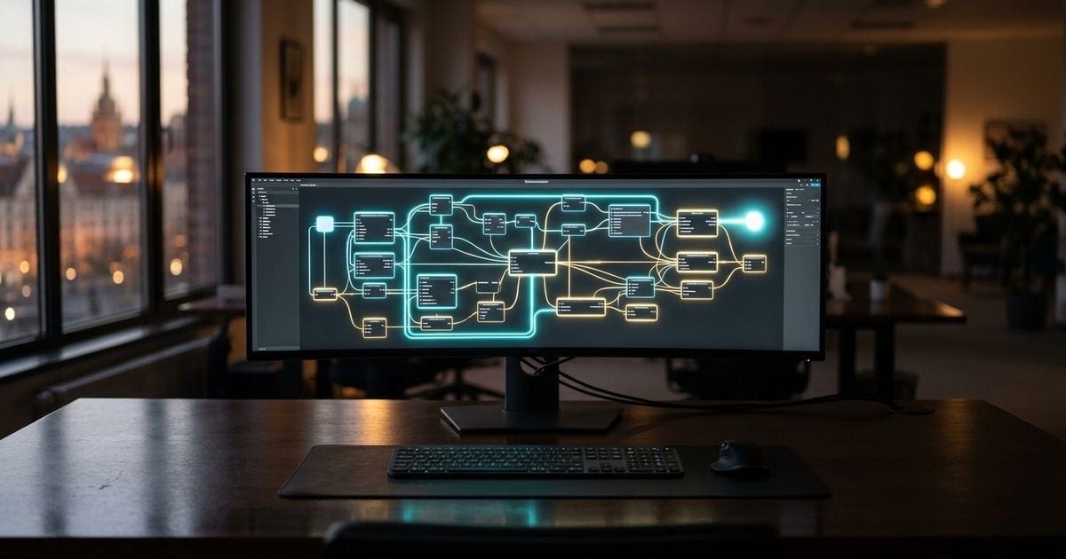 AI-generated illustration of an AI automation agency: connected workflow diagram on a large screen