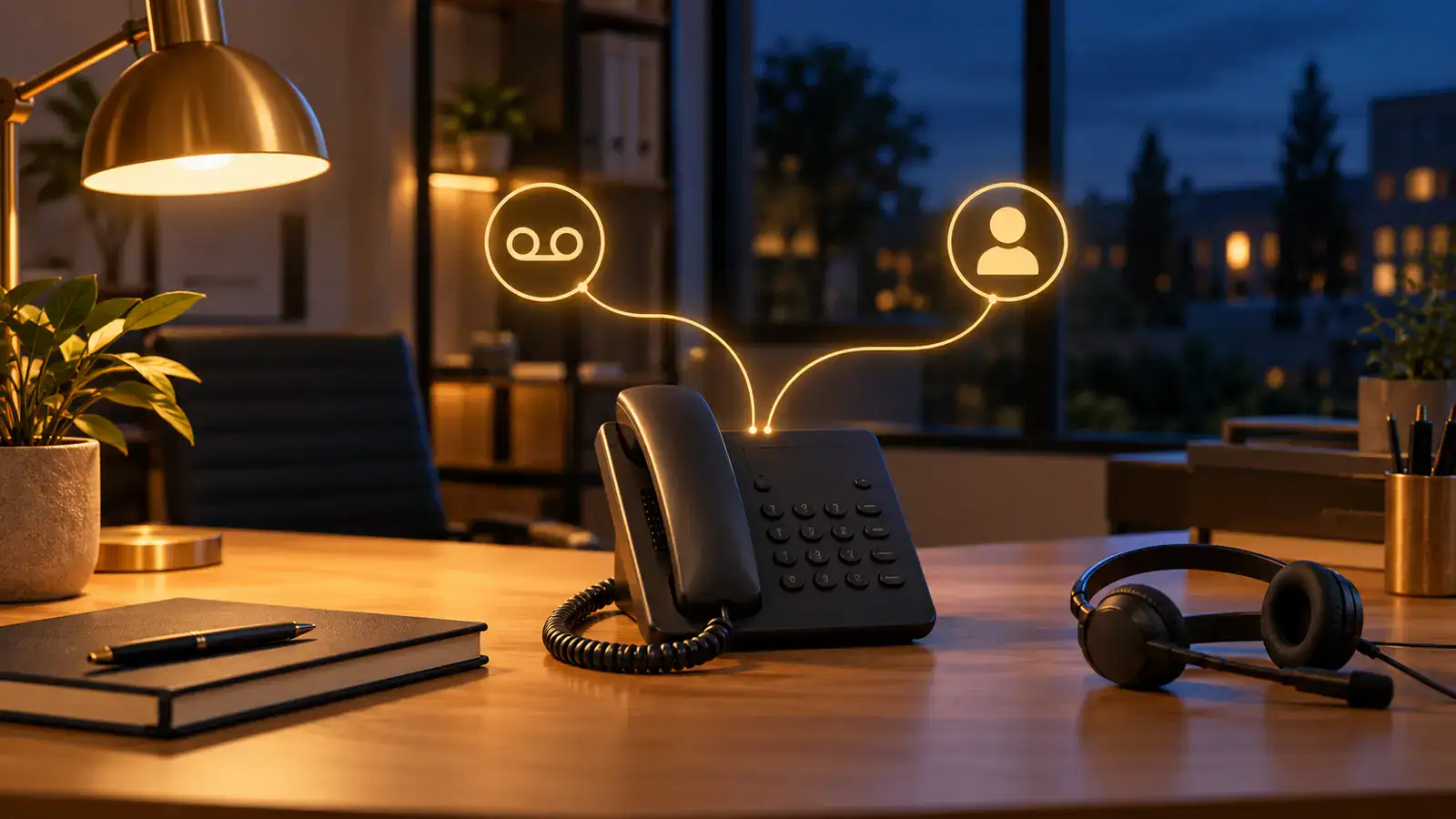 AI-generated illustration of a desk phone in a closed small-business office with paths suggesting message capture and human support.