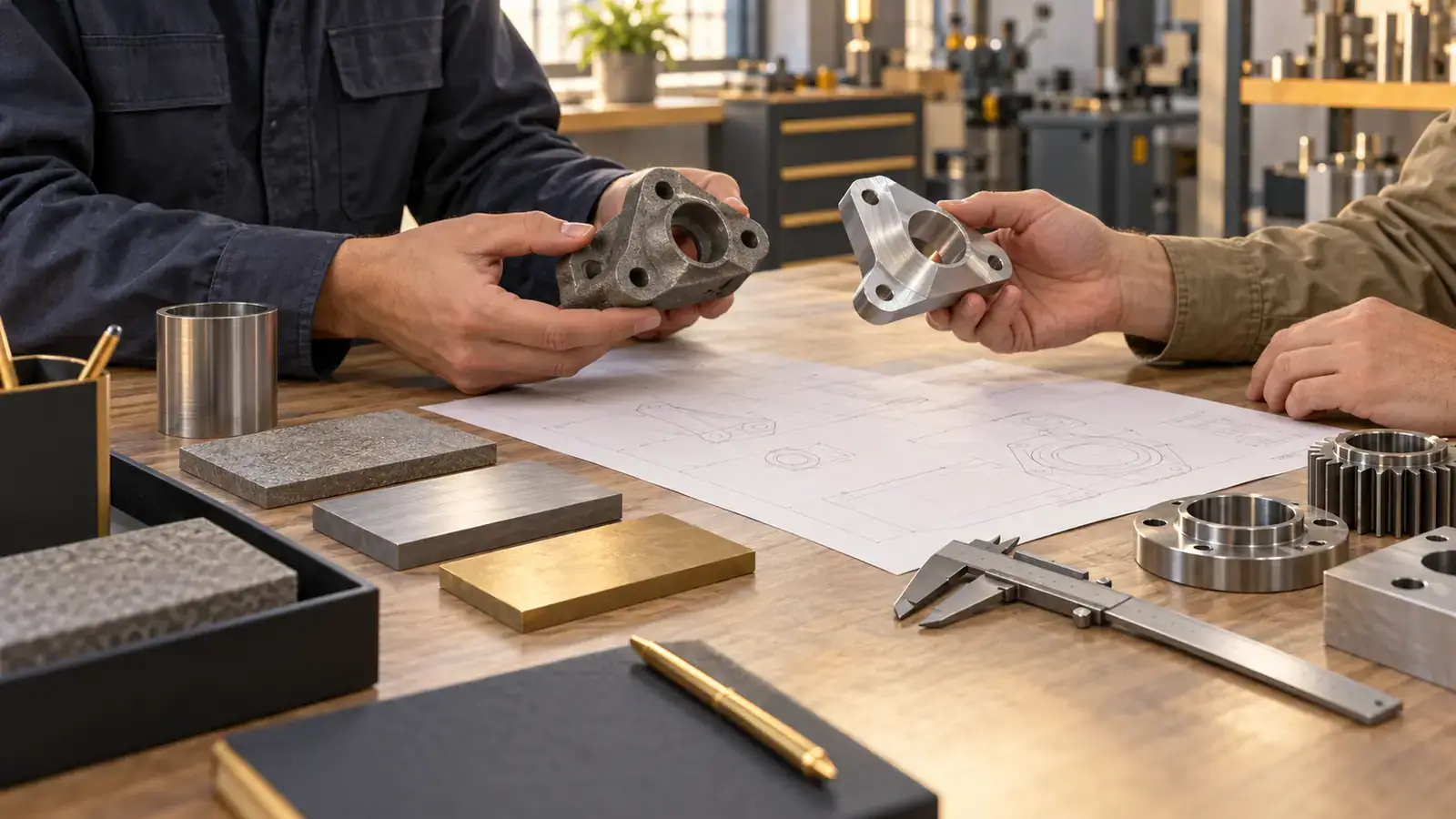Illustration générée par IA : comparaison d'échantillons industriels et de contraintes techniques sur un bureau d'étude.