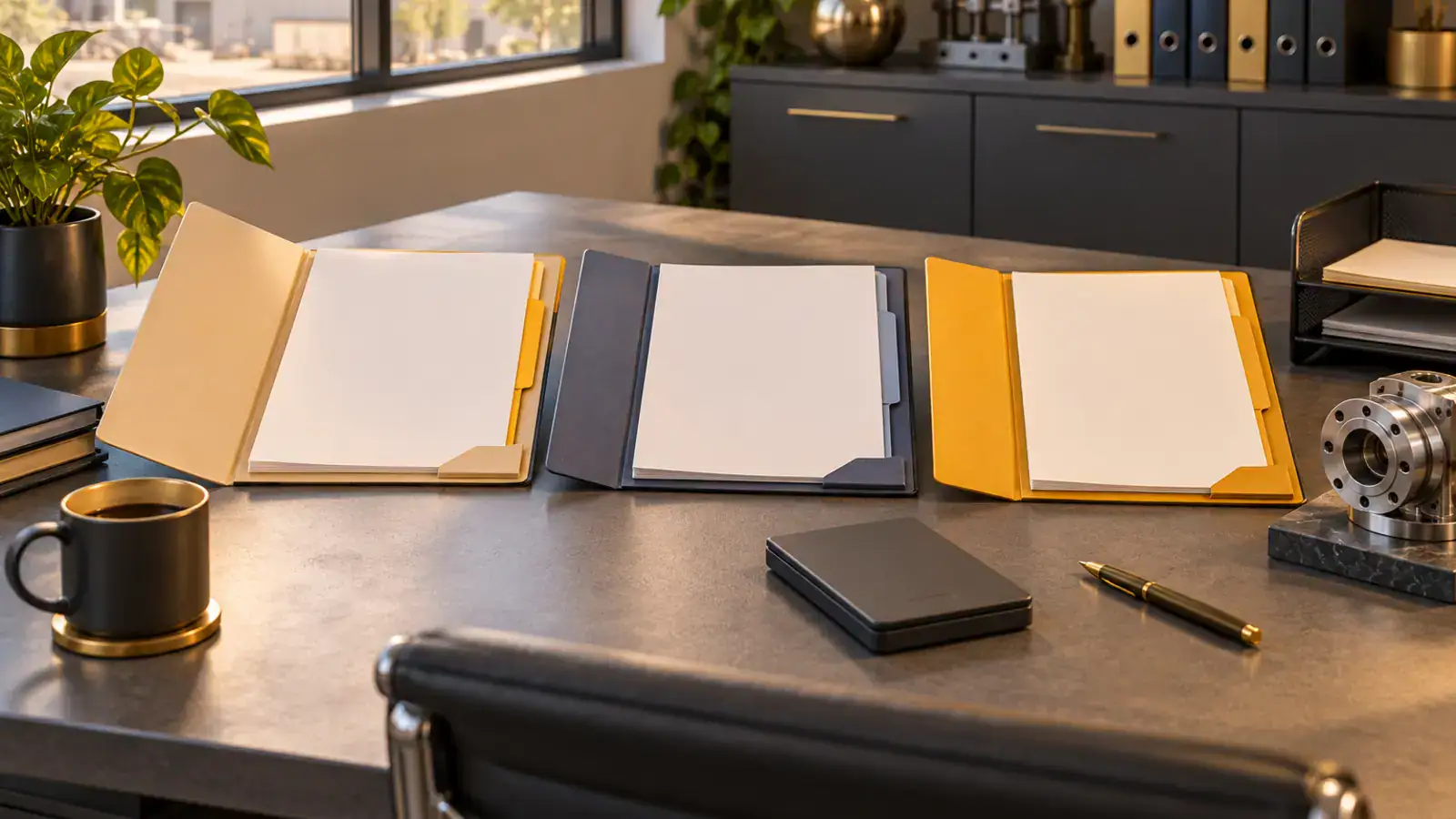 Illustration générée par IA de propositions d’agences sans inscriptions, disposées côte à côte dans le bureau commercial d’une entreprise industrielle.