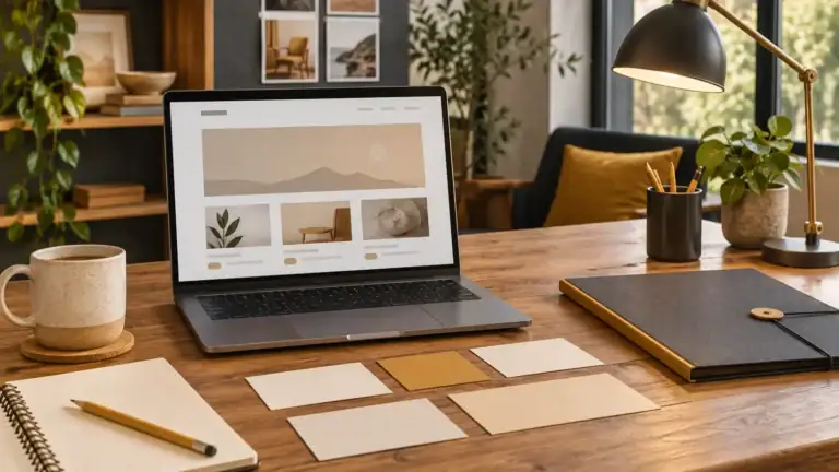 Illustration générée par IA : bureau de PME avec un ordinateur et des supports pour préparer un premier site internet.