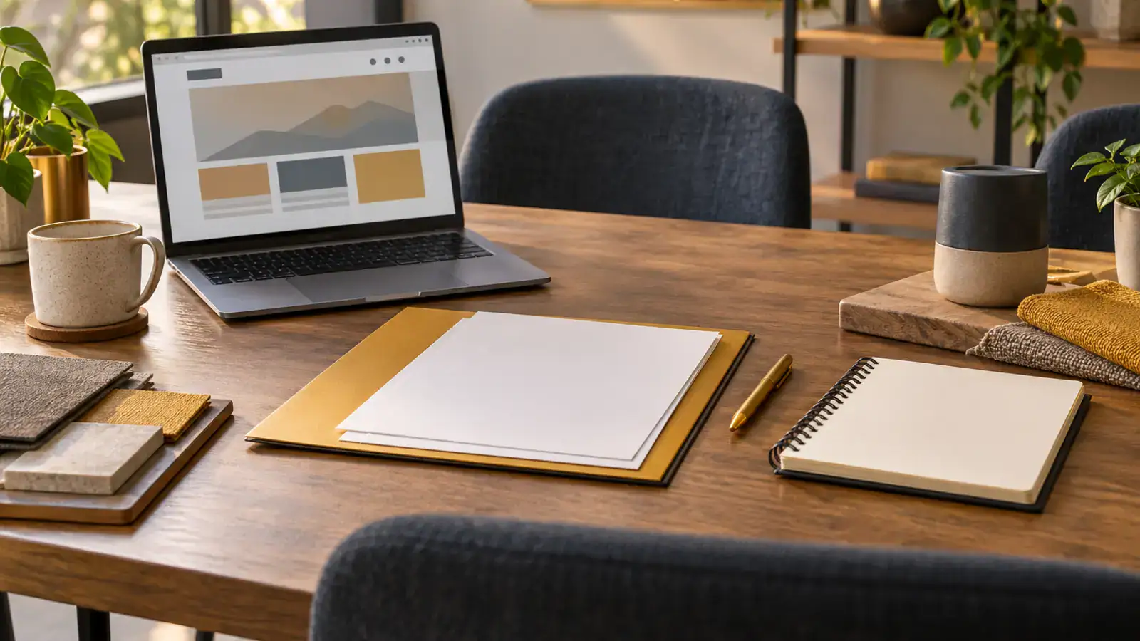 AI-generated illustration: documents and a computer arranged to compare the scope of a small business website project.