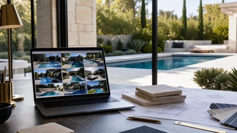 AI-generated image of a pool builder's digital project portfolio displayed on a computer in front of a contemporary swimming pool